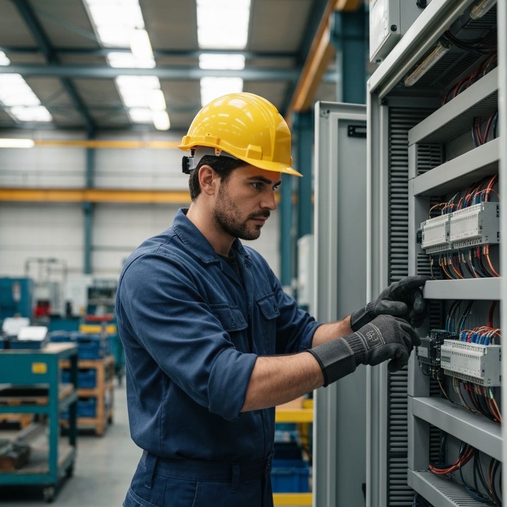 Technicien électricien professionnel avec casque et gants de protection travaillant sur un cabinet électrique